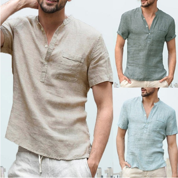 Chemise décontractée en lin de couleur unie, bouton, col en V, chemise de plage pour hommes, hauts d'été