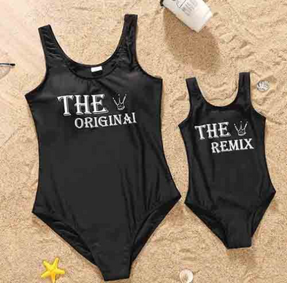 Parent-child Swimsuit Mother-daughter Suit Solid Color V-neck One-piece