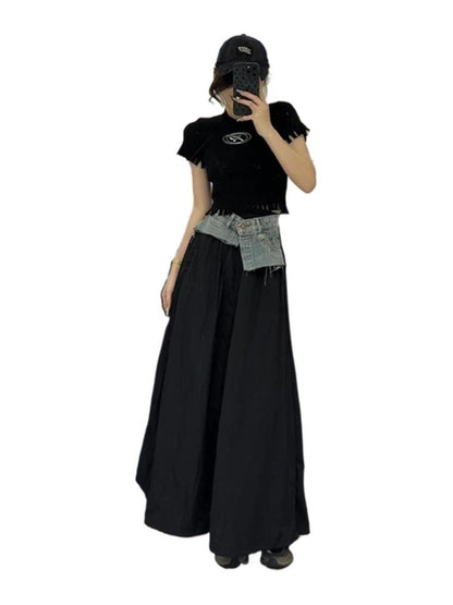 Professional Ladies' Tropical Printed Contrasting Slit Skirt - Polyester Design (Irregular Hem, Pleated Hip, Summer Casual)
