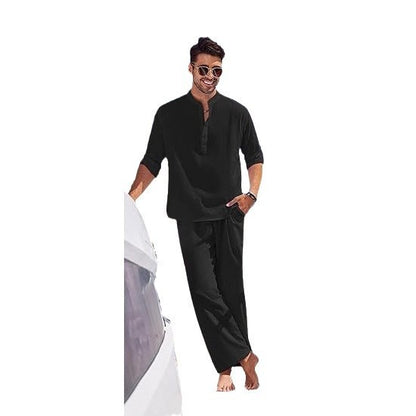 Solid Color Casual Cotton Men's Long Sleeve Trousers Suit