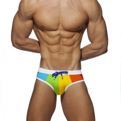 Slip de bain arc-en-ciel, Sexy, ajusté, couleur, couture, en Nylon épais, maillot de bain, Bikini pour hommes