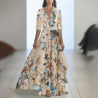 Printed Long Sleeved V-neck Patchwork Dress