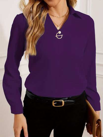 Commuter V-neck Long-sleeved Shirts Ins Fashion Solid Color Pullover Top Autumn And Spring Women's Clothing
