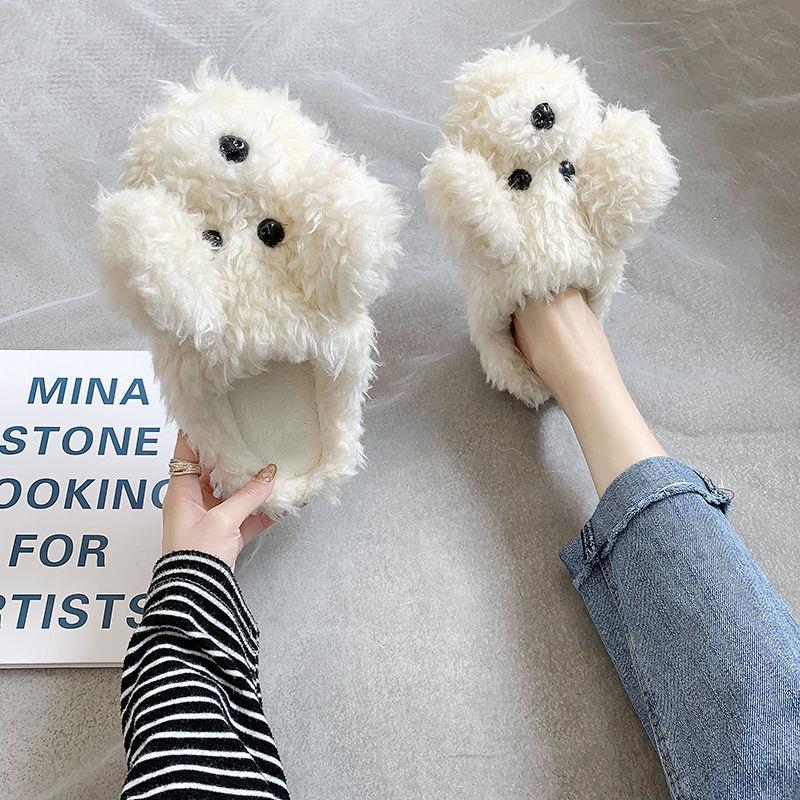 Comwarm Cute Dog Short Plush Slippers For Women Winter Warm Furry Cotton Shoes Couples Home Indoor Bedroom Cozy Slippers