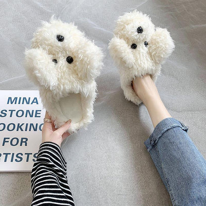 Comwarm Cute Dog Short Plush Slippers For Women Winter Warm Furry Cotton Shoes Couples Home Indoor Bedroom Cozy Slippers