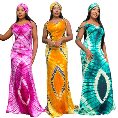 Women's Fashionable Printed Suspenders Slim Fit Long Dress