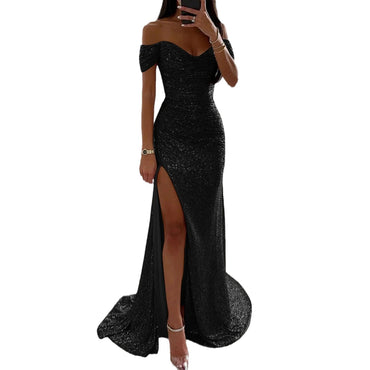 Creative Solid Color Sparkling Slit Dress for Women