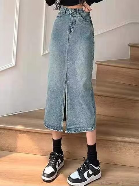Professional High Waist Slit Denim Skirt - A-Line Slimming Hip-Covering (Mid-Length, Women's Design)