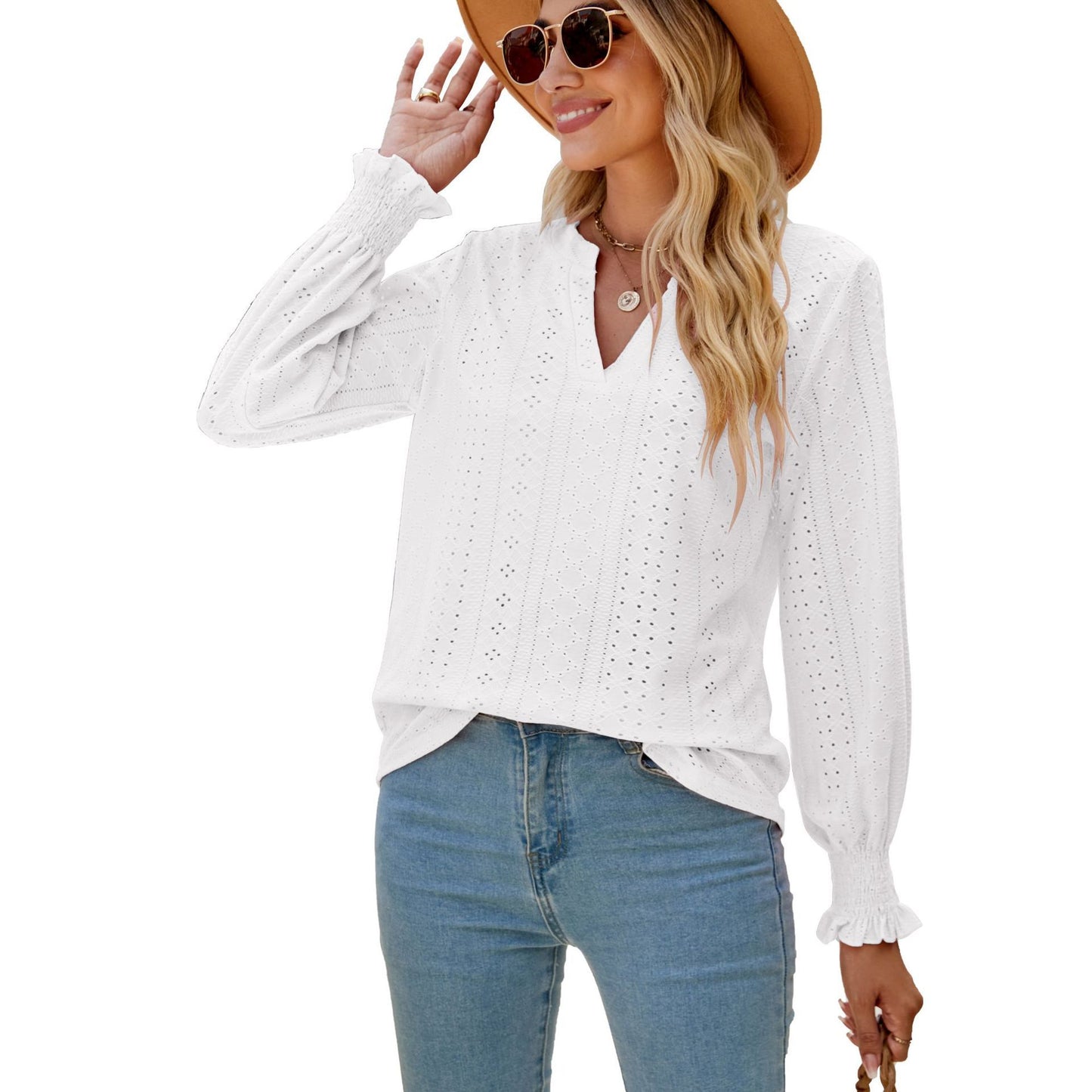 Solid Color Hollow-out Pleated Ruffle Shirts Sleeve V-neck Loose Long Sleeve Tops Women