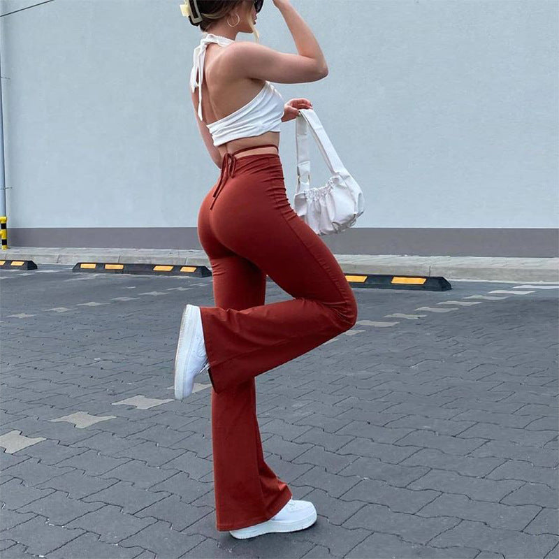 Women's High-waist Elastic Lace-up Solid Color Trousers