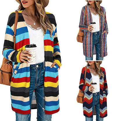 European And American Women's Jackets Striped Print Women's Cardigan Top