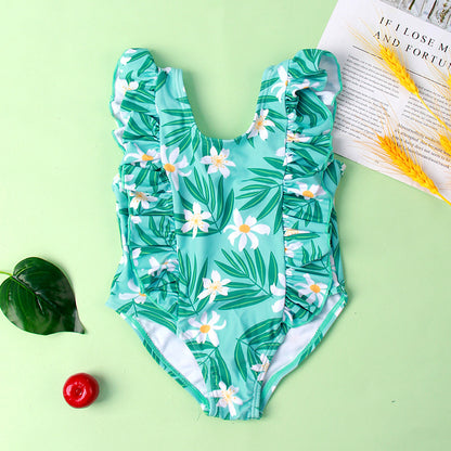 New Girls' One-piece Ruffled Green Leaf Pattern Swimsuit