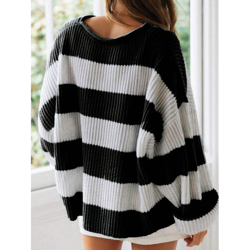 Loose Striped Sweater Fashion Casual Long Batwing Sleeve Round Neck Pullover Knit Tops Women Clothing