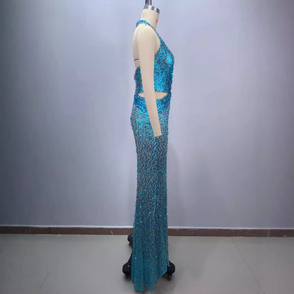 Halter Deep V-Neck Sequin Evening Dress - Sky Blue Hollow Mesh - Company Annual Meeting Host Dress