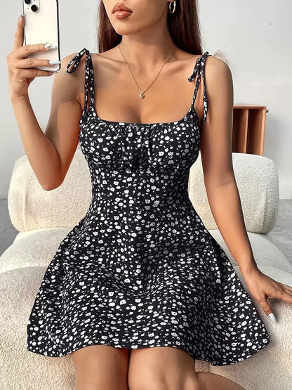 Floral Print Dress Summer Sweet A- Line Waist Trimming Dresses Women's Slimming Casual Clothing