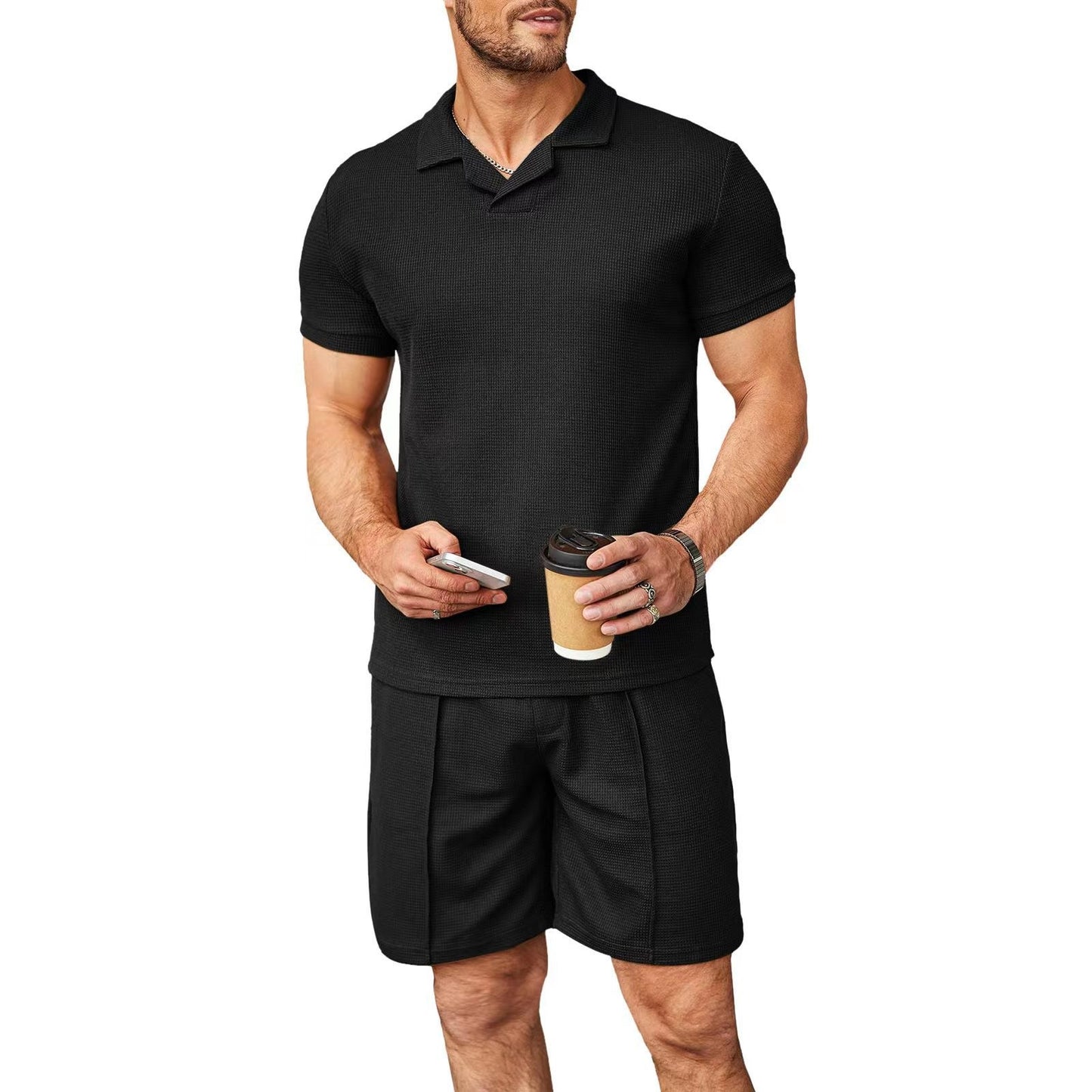 2 pièces ensemble hommes col en V Polo revers manches courtes hommes costume Style gaufré décontracté mode T-Shirt été