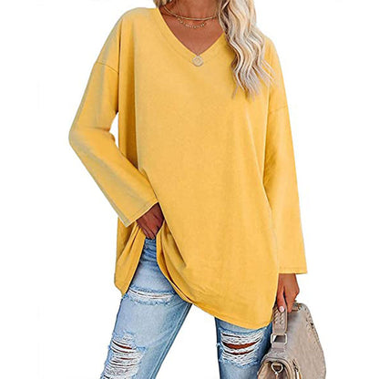 Solid Color Loose Drop Shoulder Sleeve V Neck Long Sleeve Blouse