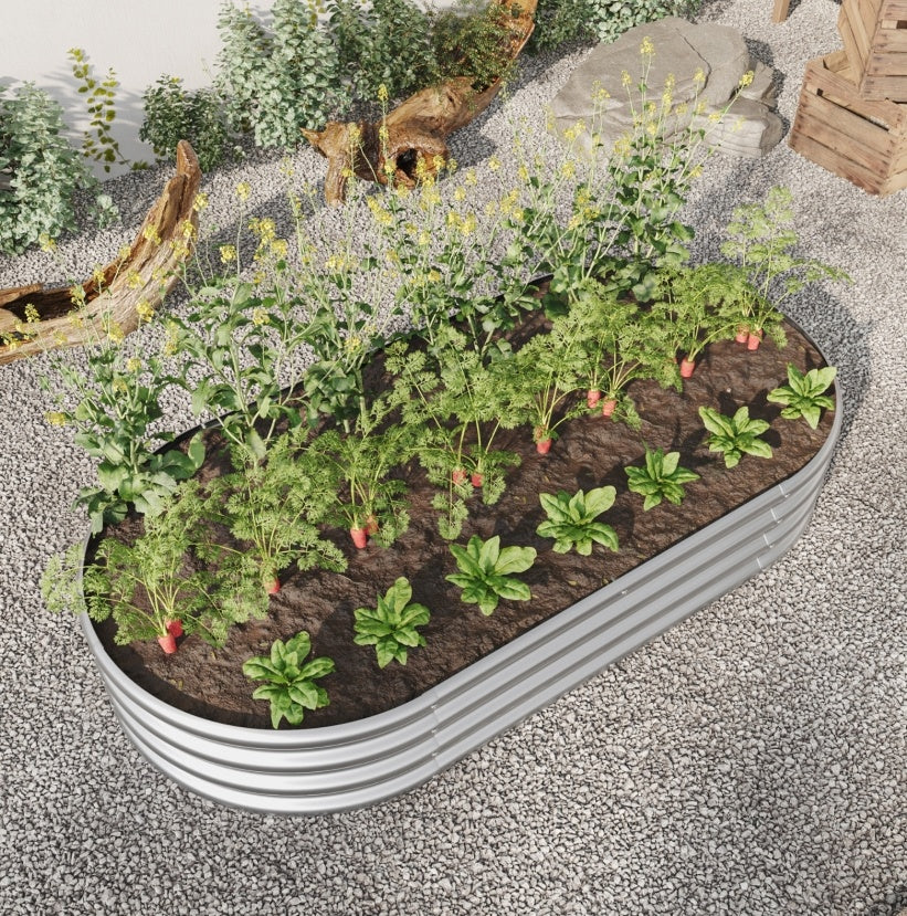 Oval stor upphöjd trädgårdsbädd i metall för växter, grönsaker, blommor