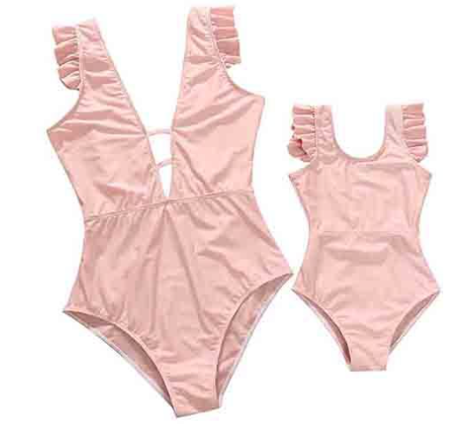 Parent-child Swimsuit Mother-daughter Suit Solid Color V-neck One-piece