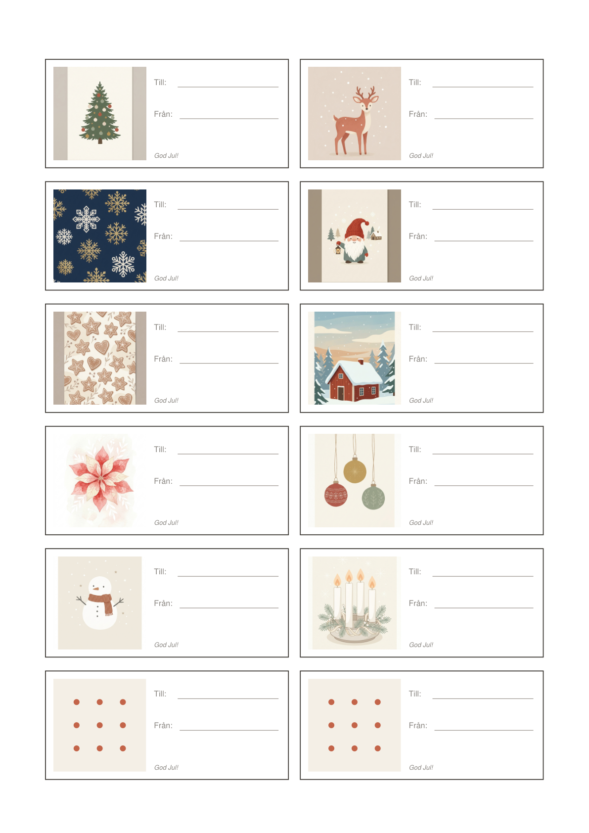 Julklappsmärken — 12 printbara etiketter (PDF)