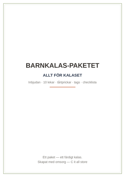 Barnkalas-paketet — inbjudan, 10 lekar, tårtprickar, tags, checklista & vimplar (printbar PDF)