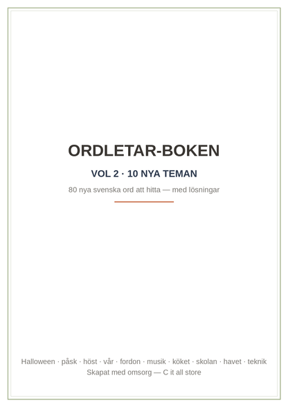 Ordletar-boken vol. 2 — 10 nya teman, 80 svenska ord att hitta + lösningar (printbar PDF)