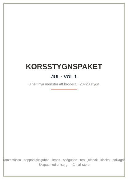 Korsstygnspaket Jul vol. 1 — 8 julmönster att brodera (printbar PDF)