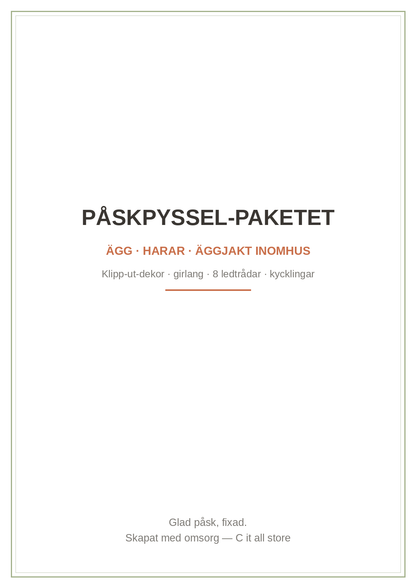 Påskpyssel-paketet — ägg-dekor, hare-girlang, äggjakt-ledtådar inomhus & kycklingar (printbar PDF)