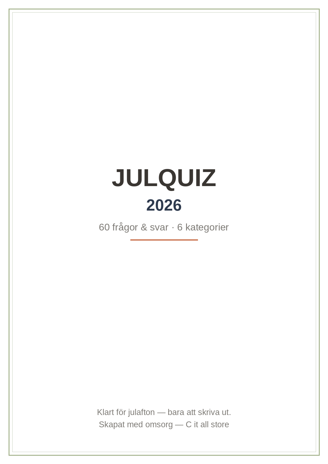 Julquiz 2026 — 60 frågor & svar för julafton (printbar PDF)