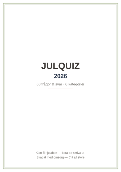 Julquiz 2026 — 60 frågor & svar för julafton (printbar PDF)