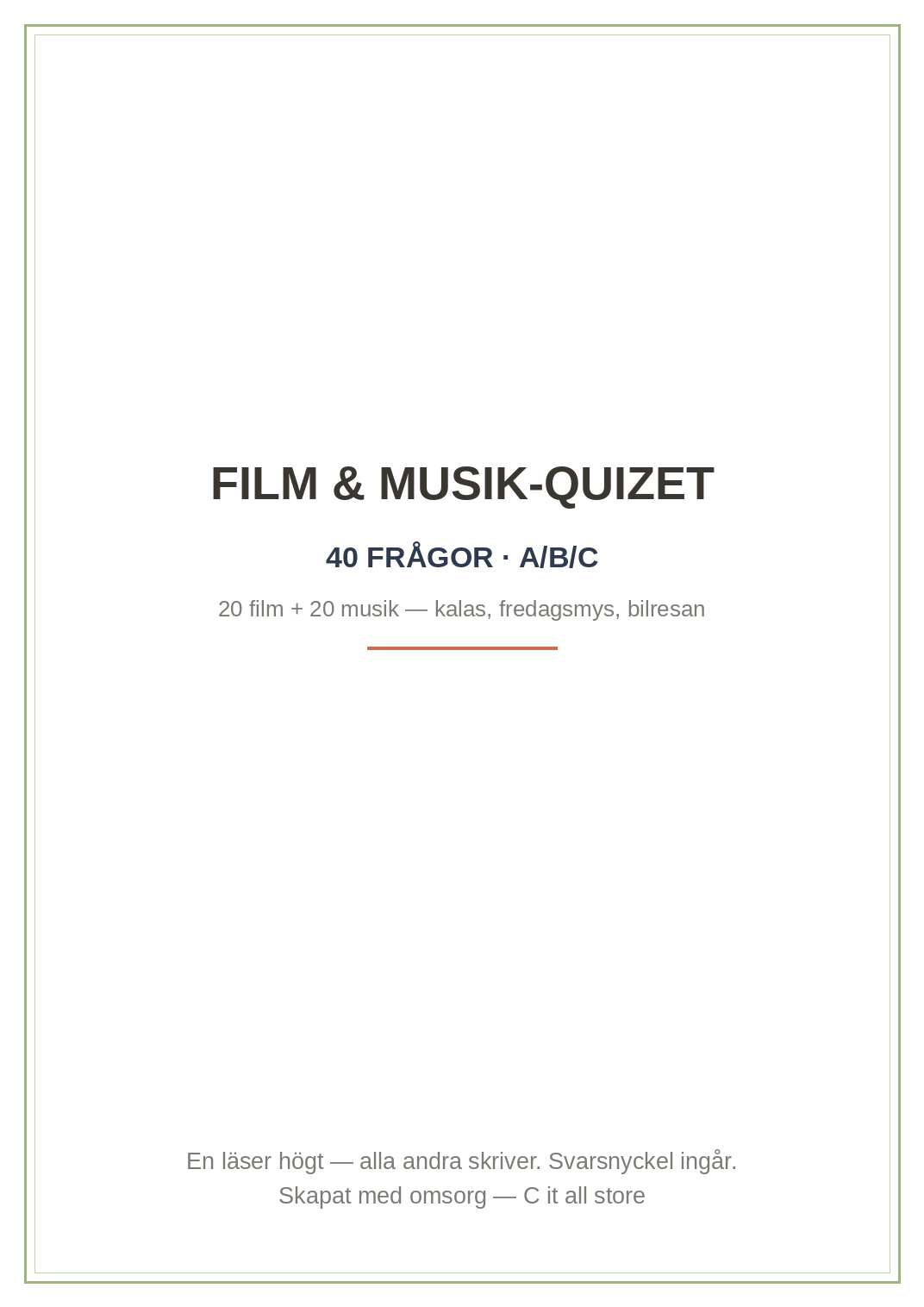 Film- & musikquiz — 40 frågor med A/B/C + svarsnyckel (printbar PDF)