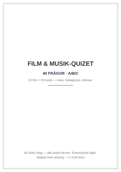 Film- & musikquiz — 40 frågor med A/B/C + svarsnyckel (printbar PDF)