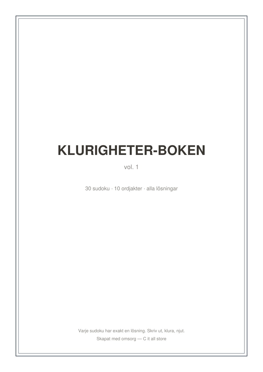 Klurigheter-boken vol. 1 — 30 sudoku + 10 ordjakter med lösningar (printbar PDF)