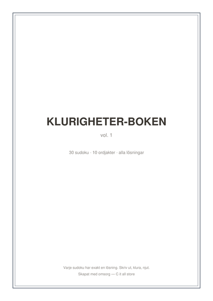 Klurigheter-boken vol. 1 — 30 sudoku + 10 ordjakter med lösningar (printbar PDF)