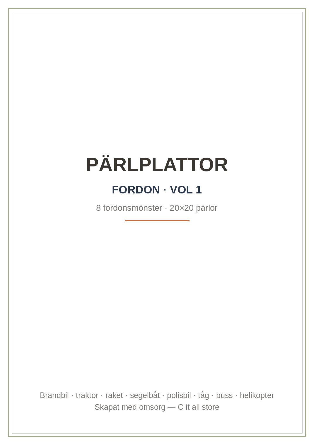 Pärlplattor Fordon vol. 1 — 8 fordonsmönster 20×20 med färgkarta & antal pärlor (printbar PDF)