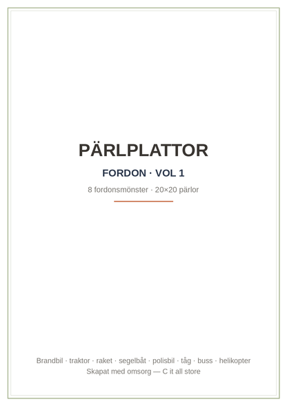 Pärlplattor Fordon vol. 1 — 8 fordonsmönster 20×20 med färgkarta & antal pärlor (printbar PDF)