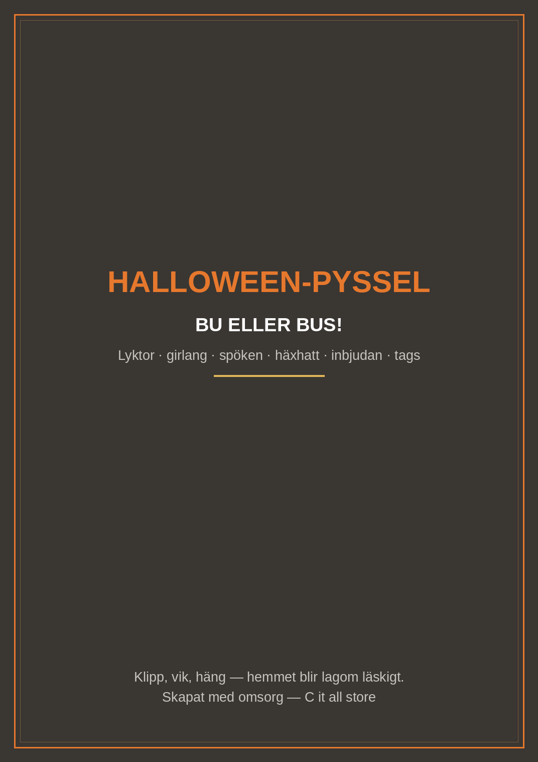 Halloween-pyssel — pumpa-lyktor, fladdermus-girlang, spök-mobil, häxhatt, inbjudan & BU-tags (printbar PDF)