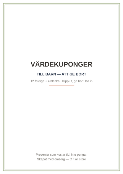 Värdekuponger till barn — 12 klipp-ut-kuponger + 4 blanka att ge bort (printbar PDF)