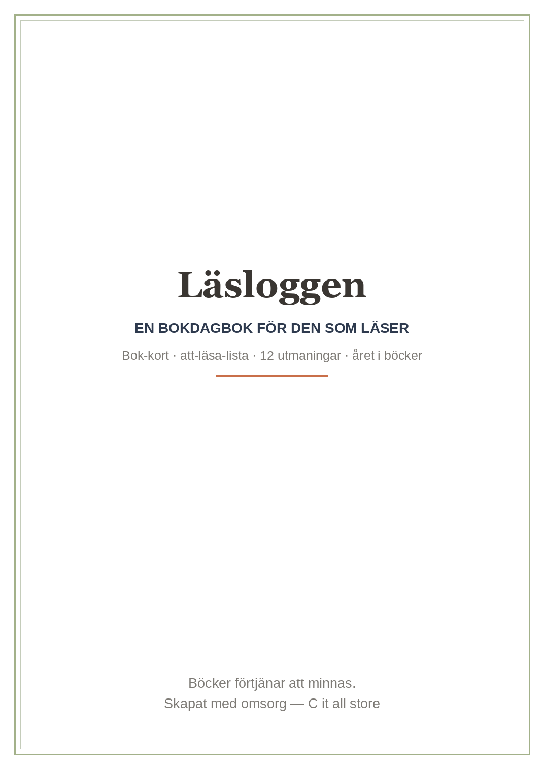 Läsloggen — bokdagbok med bok-kort, att-läsa-lista, läsutmaning & årssammanfattning (printbar PDF)