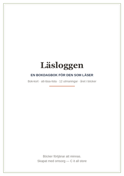 Läsloggen — bokdagbok med bok-kort, att-läsa-lista, läsutmaning & årssammanfattning (printbar PDF)