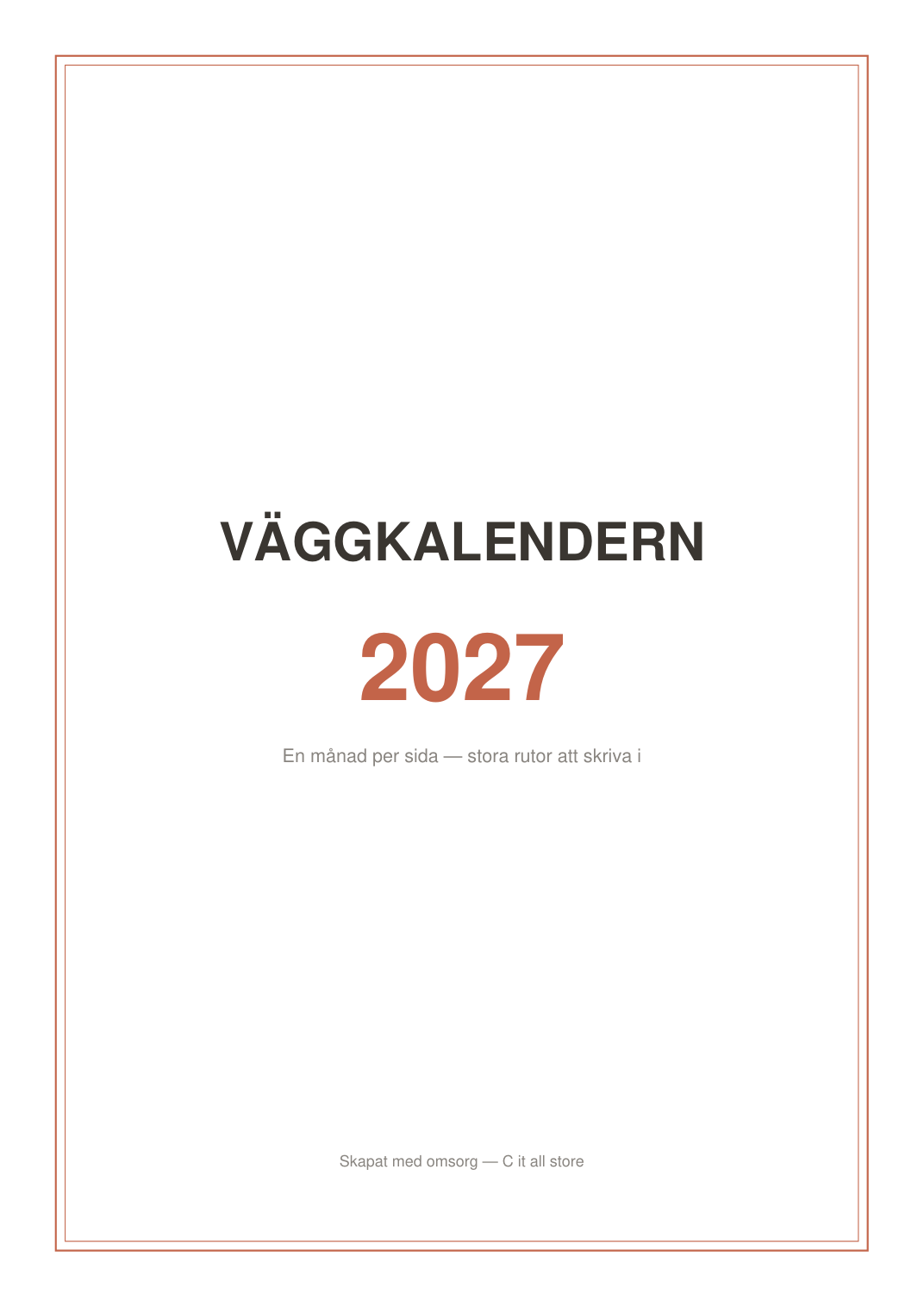 Väggkalender 2027 — en månad per sida (printbar PDF)