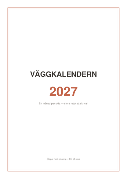 Väggkalender 2027 — en månad per sida (printbar PDF)