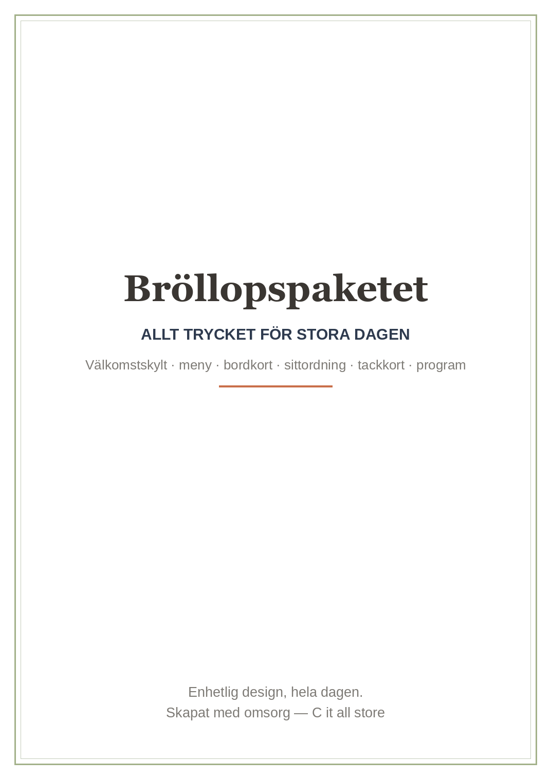 Bröllopspaketet — välkomstskylt, meny, bordkort, sittordning, tackkort & program (printbar PDF)