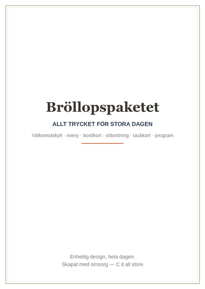 Bröllopspaketet — välkomstskylt, meny, bordkort, sittordning, tackkort & program (printbar PDF)
