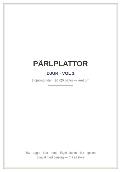 Pärlplattor Djur vol. 1 — 8 djurmönster 20×20 med färgkarta & antal pärlor (printbar PDF)