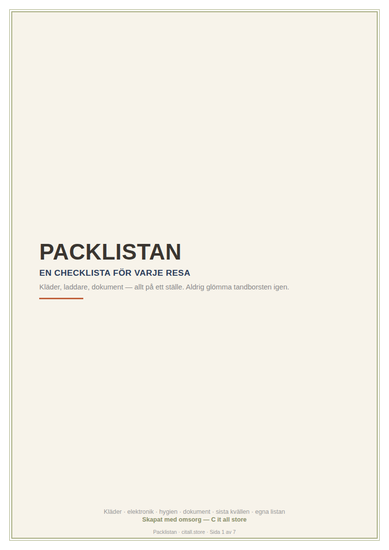 Packlistan — checklista för kläder, elektronik, hygien & dokument, plus egen lista (printbar PDF)