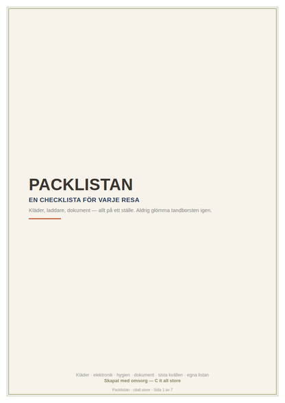 Packlistan — checklista för kläder, elektronik, hygien & dokument, plus egen lista (printbar PDF)