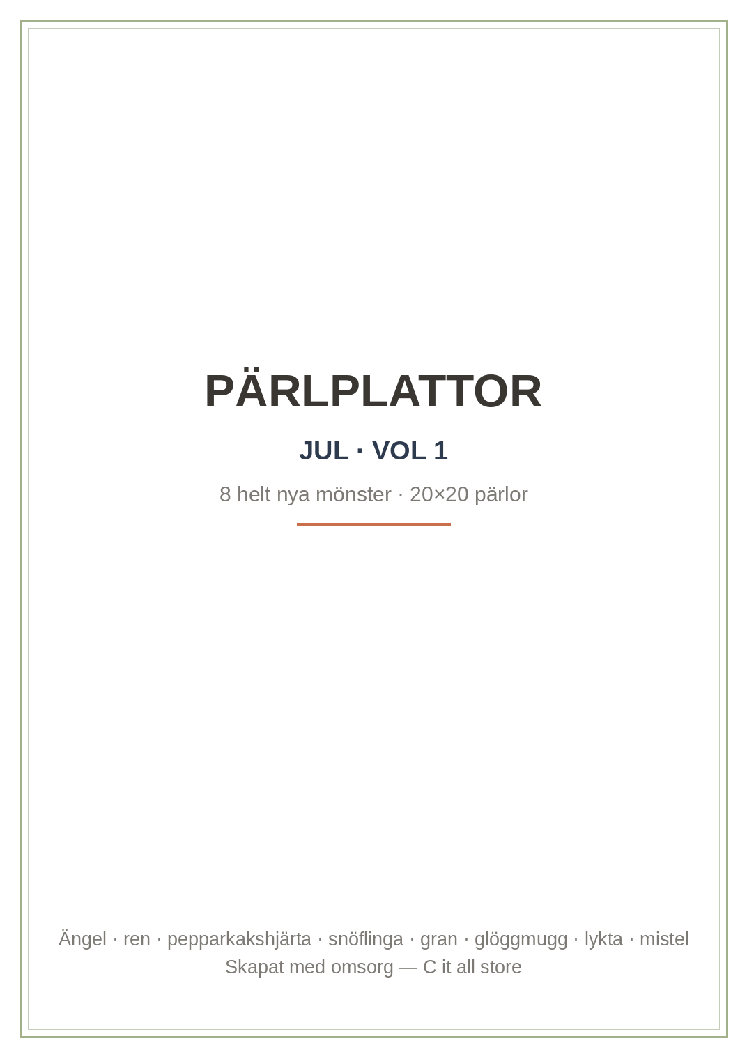Pärlplattor Jul vol. 1 — 8 julmönster 20×20 med färgkarta & antal pärlor (printbar PDF)