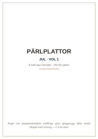Pärlplattor Jul vol. 1 — 8 julmönster 20×20 med färgkarta & antal pärlor (printbar PDF)