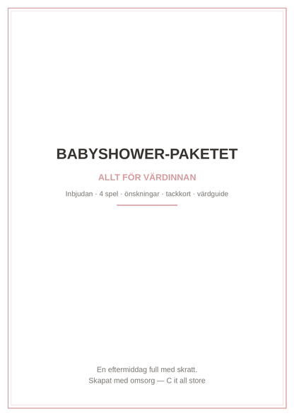 Babyshower-paketet — inbjudan, 4 spel, önske-kort & tackkort (printbar PDF)